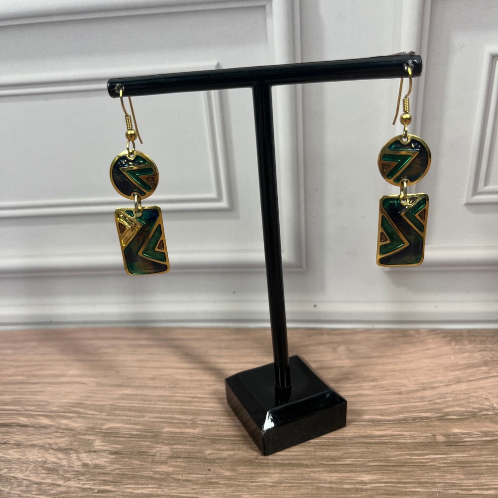 Berebi Geometric Drop Earrings‎ Green Gold Blue Enamel Vintage 80s 90s